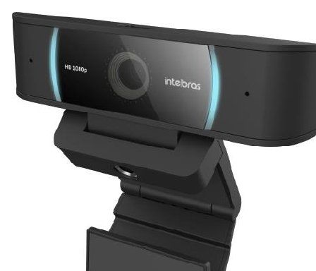 Webcam Intelbras Full HD preta com detalhe iluminado