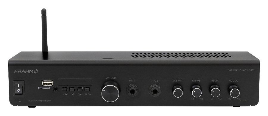 Amplificador Frahm Vision 120.1.4CX OPT, aparelho preto com antena e botões de volume na frente